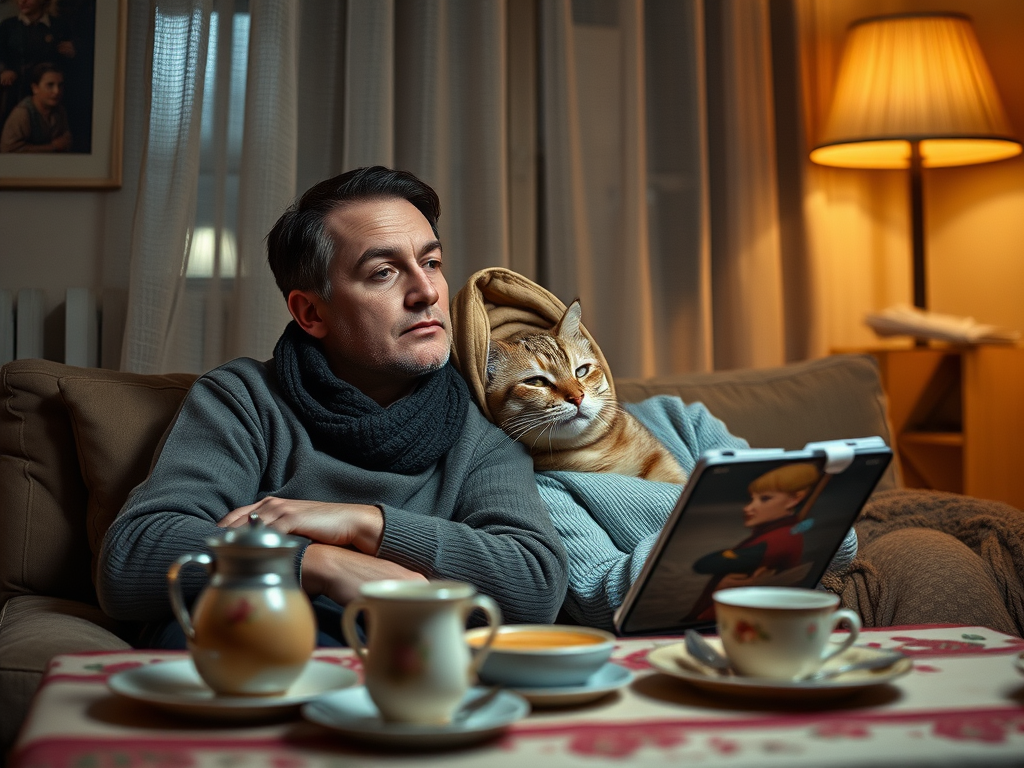 Мужчина с кошкой смотрят что-то на планшете, уютно устроившись на диване с чайными чашками на столе.