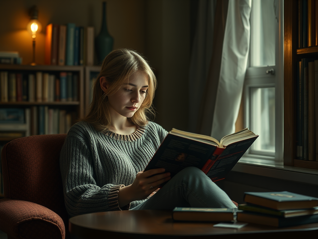 Молодая женщина читает книгу в уютной библиотеке, сидя в кресле у окна. Теплый свет создает атмосферу уюта.